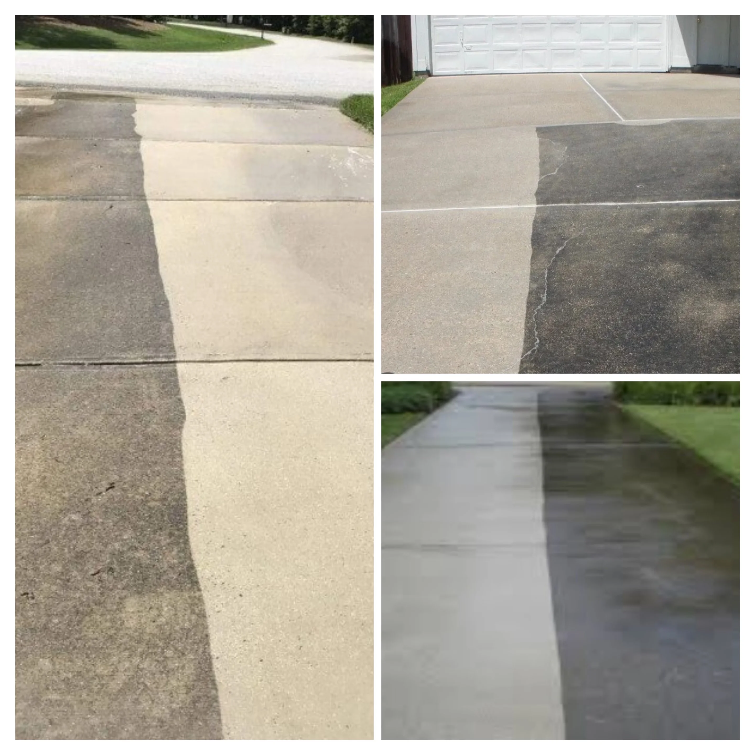 Before and after driveway pressure washing showing dramatic cleaning results