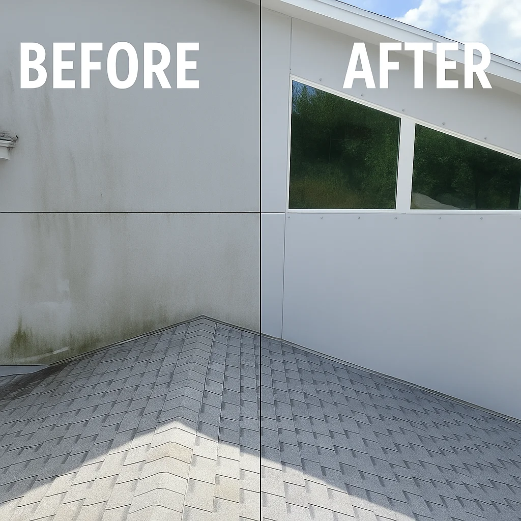 Clean exterior house wall after professional pressure washing